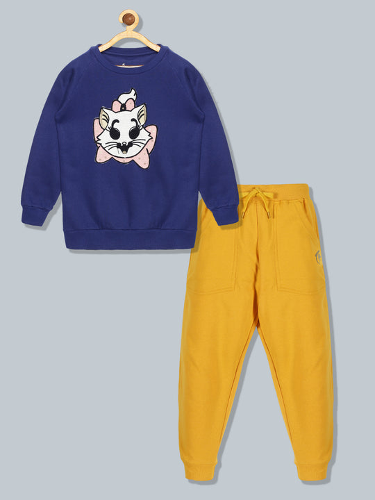 Girls Round Neck Sweatshirt With Applique & Solid Fleece Track Pant Set