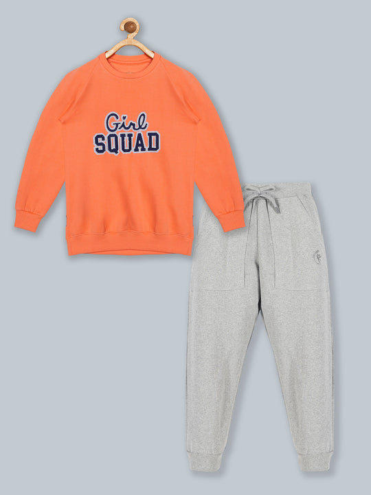 Girls Round Neck Sweatshirt & Solid Fleece Track Pant Set