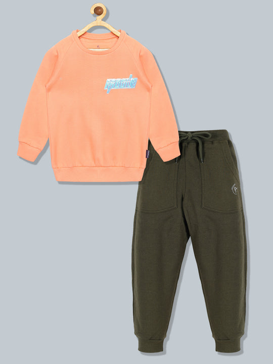 Girls Round Neck Sweatshirt With Applique & Solid Fleece Track Pant Set