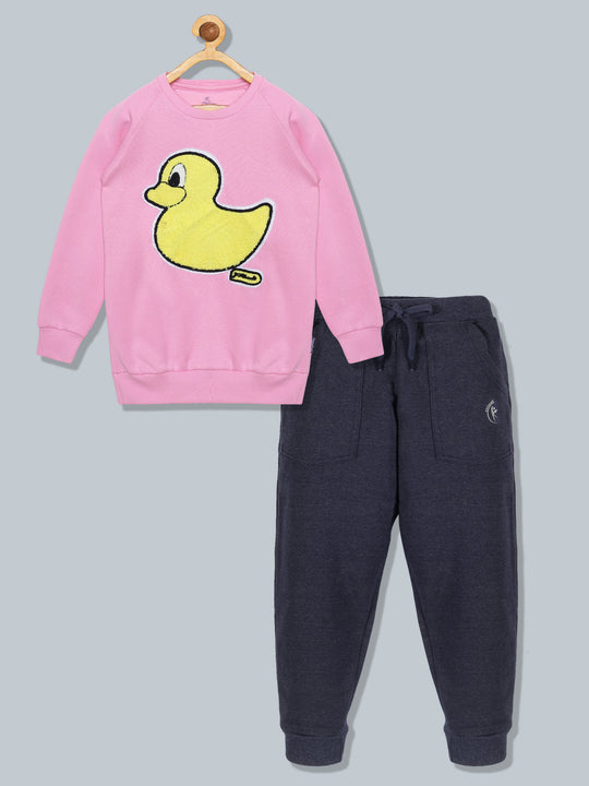 Girls Round Neck Sweatshirt With Applique & Solid Fleece Track Pant Set