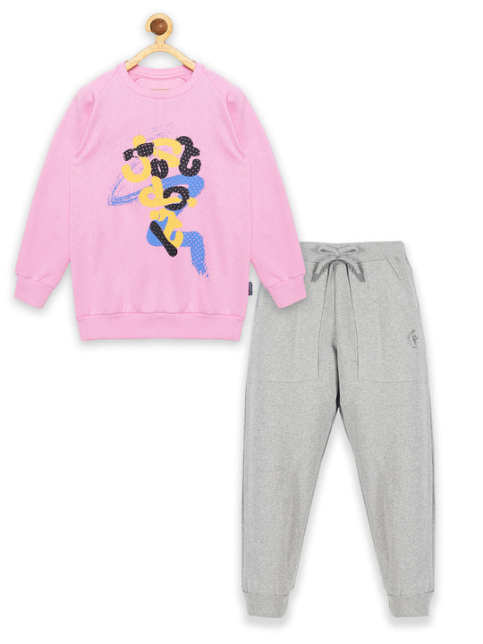Girl's Round Neck Sweatshirt & Solid Fleece Track Pant Set