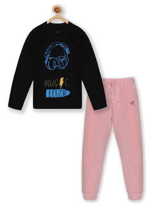 Girls Printed Tee With Frill Yoke & Solid Track Pant Set