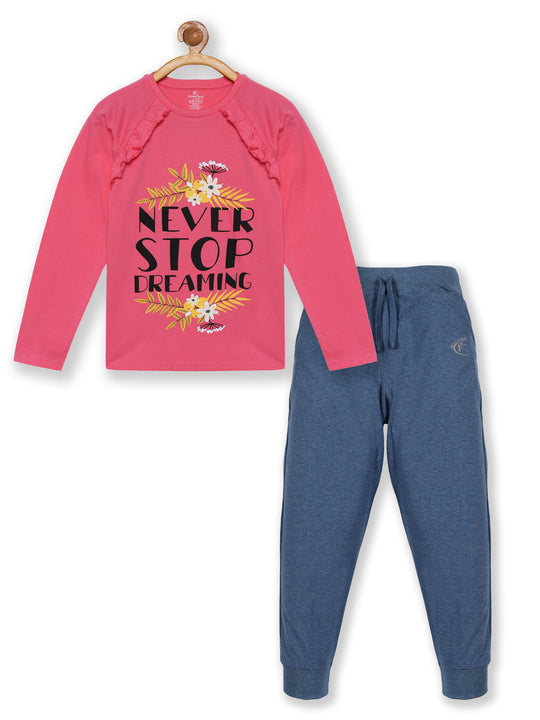 Girls Printed Tee With Frill Yoke & Solid Track Pant Set