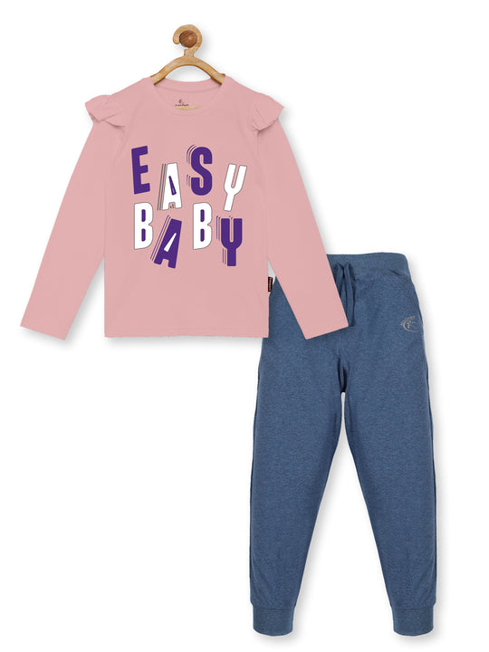 Girl's Printed Full Sleeve Tee & Solid Track Pant Set