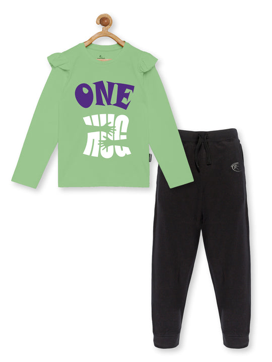 Girl's Printed Full Sleeve Tee & Solid Track Pant Set