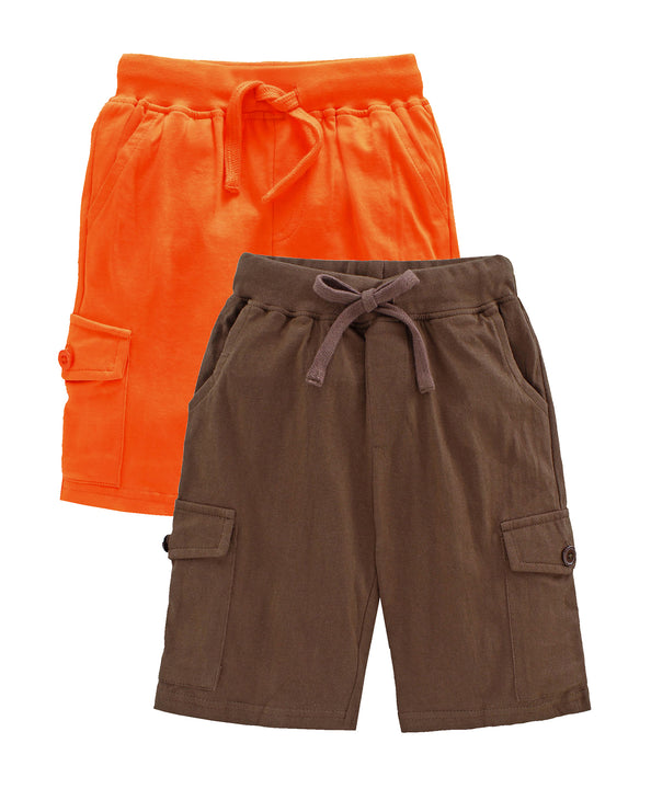 Boys Solid Knee Length Knit Cargo Shorts - Pack Of 2