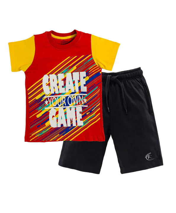 Boys Cotton T-Shirt with Print and Knee length Shorts Sets