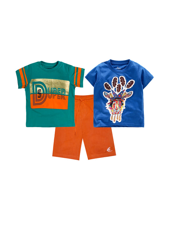 Boys 2 Cotton T-shirts with Print and Knee length Shorts Set