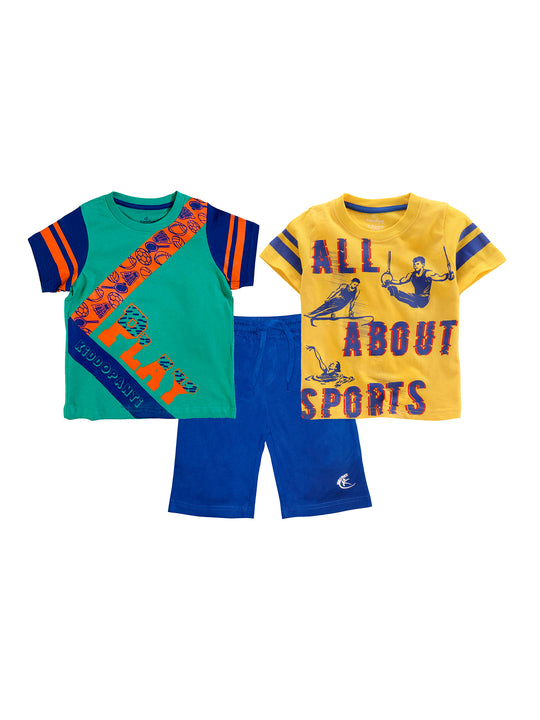 Boys 2 Cotton T-shirts with Print and Knee length Shorts Set