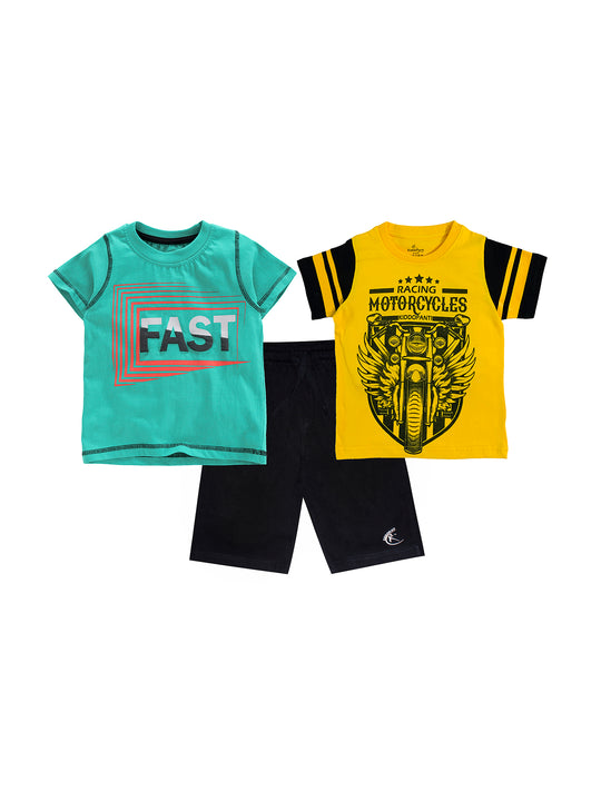 Boys 2 Cotton T-shirts with Print and Knee length Shorts Set