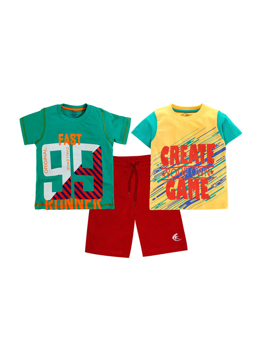 Boys 2 Cotton T-shirts with Print and Knee length Shorts Set