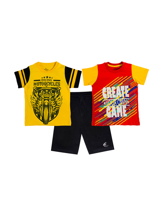 Boys 2 Cotton T-shirts with Print and Knee length Shorts Set