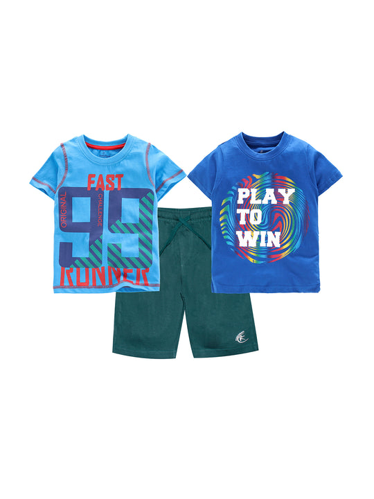 Boys 2 Cotton T-shirts with Print and Knee length Shorts Set