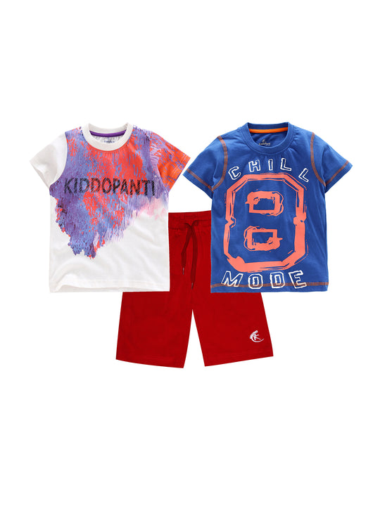 Boys 2 Cotton T-shirts with Print and Knee length Shorts Set