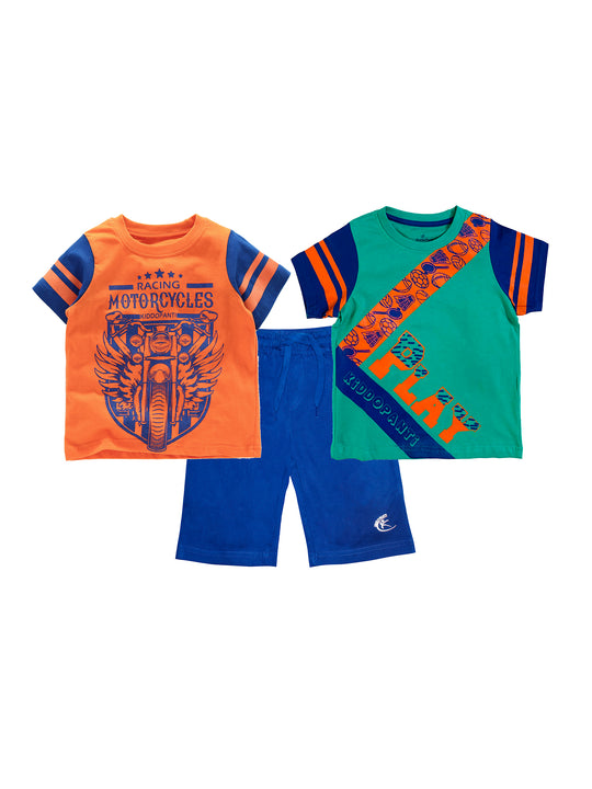 Boys 2 Cotton T-shirts with Print and Knee length Shorts Set