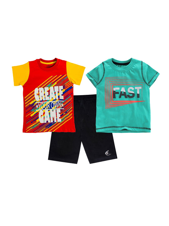 Boys 2 Cotton T-shirts with Print and Knee length Shorts Set