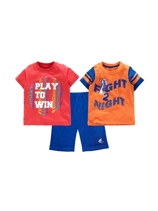 Boys 2 Cotton T-shirts with Print and Knee length Shorts Set