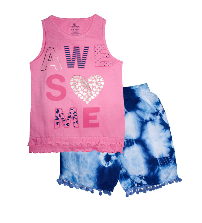 Girls Sleeveless T-shirt with Tie & Dye Shorts Set