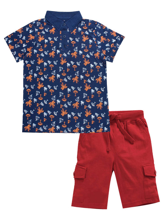 Boys AOP Polo Tee & Solid Knit Cargo Short Set