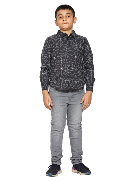 Boys Printed Full Sleeve Shirt & Fashion Denim Pant Set