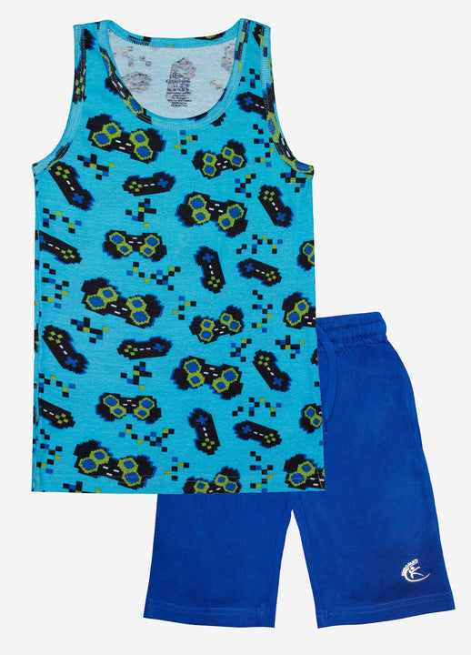 Boys Printed Vest With Basic Shorts Set