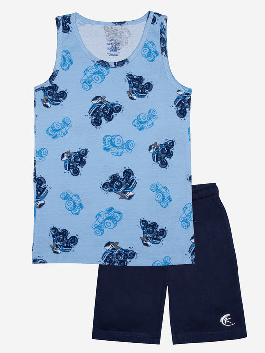 Boys Printed Vest With Basic Shorts Set