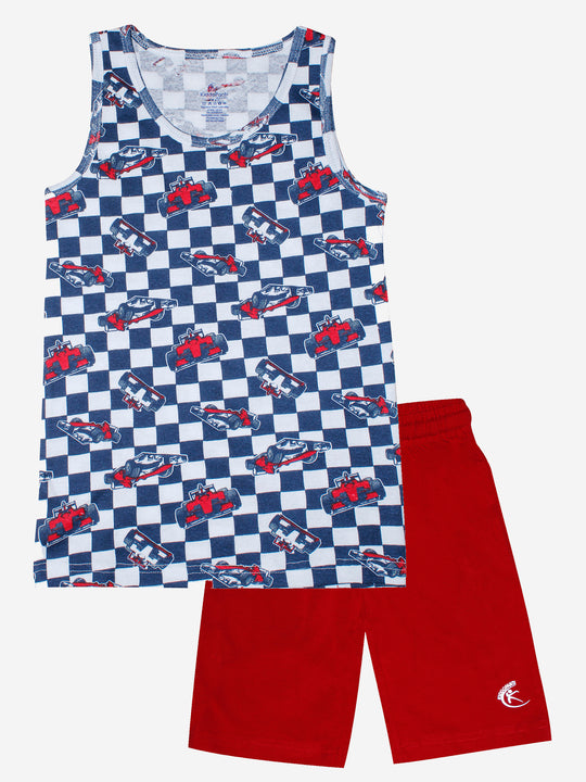 Boys Printed Vest With Basic Shorts Set