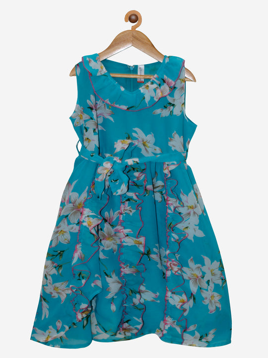 Girls Sleeveless Dress With Frilled Neck Line