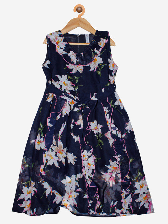 Girls Sleeveless Dress With Frilled Neck Line