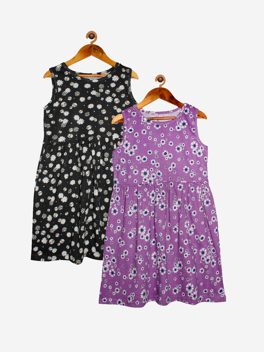 Girls Printed Sleeveless Dress- Pack of 2