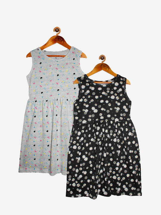 Girls Printed Sleeveless Dress- Pack of 2