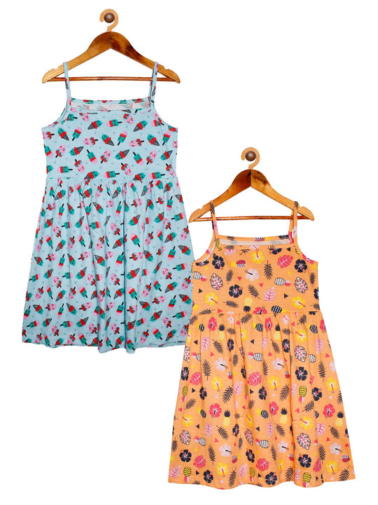 Girls Printed Strap Dress- Pack of 2