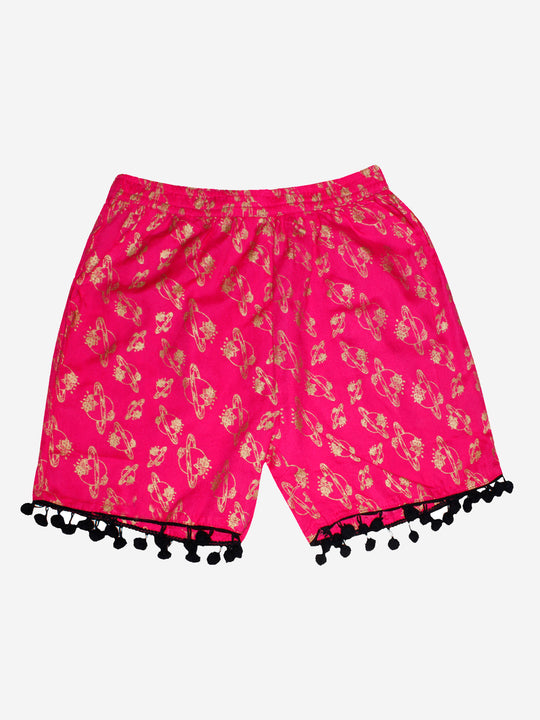 Girls Printed Rayon Shorts with Lace