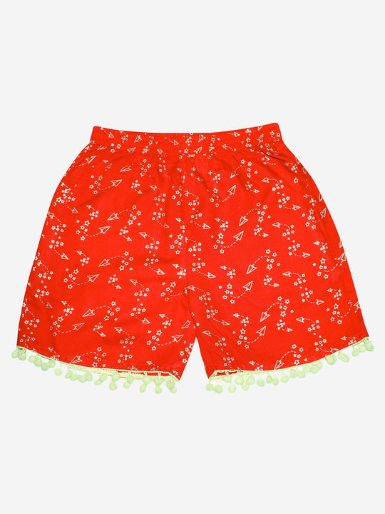 Girls Printed Rayon Shorts with Lace