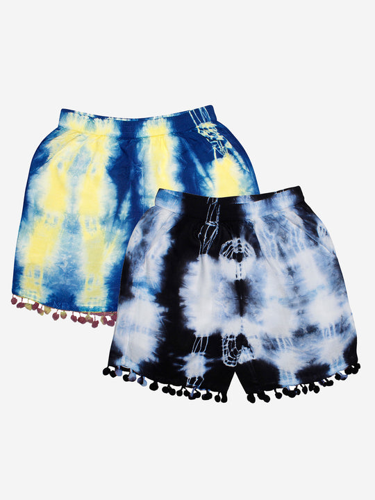 Girls Tie & Dye Shorts with Pom-Pom- Pack of 2