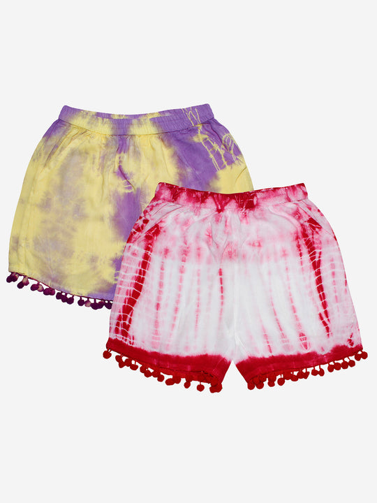 Girls Tie & Dye Shorts with Pom-Pom- Pack of 2