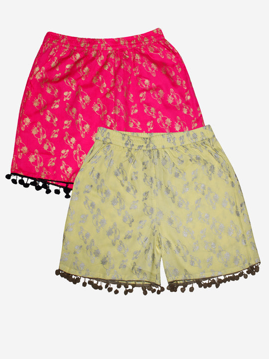 Girls Printed Rayon Shorts with Lace- Pack of 2