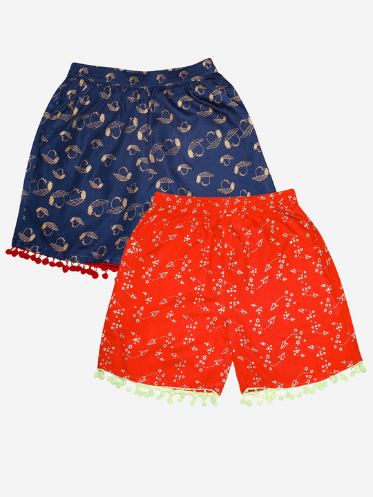 Girls Printed Rayon Shorts with Lace- Pack of 2