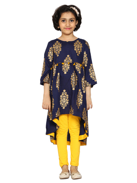 Girls Asymmetric Hem Kurta With Motif Print design & Solid Ankle Length Lycra Legging Set