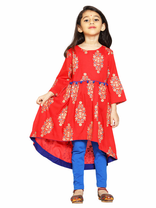 Girls Asymmetric Hem Kurta With Motif Print design & Solid Ankle Length Lycra Legging Set