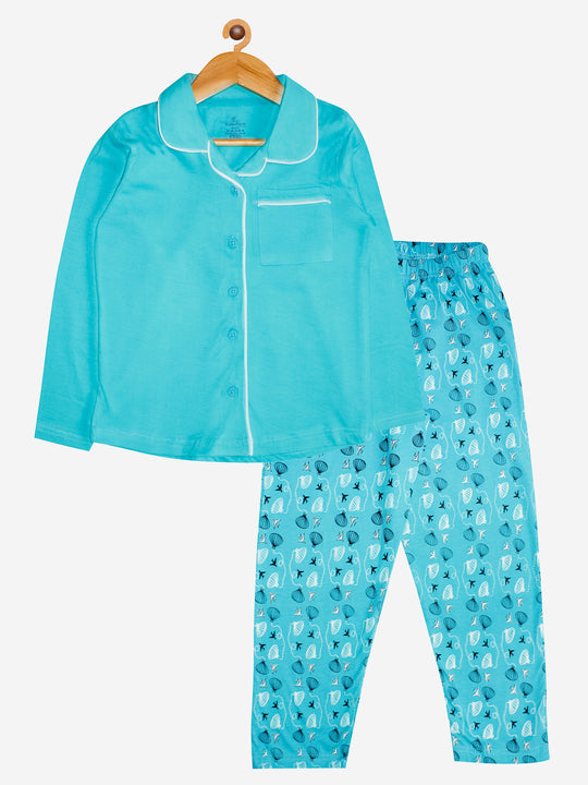 Girl's Printed Front Open Shirt & AOP Pyjama Set