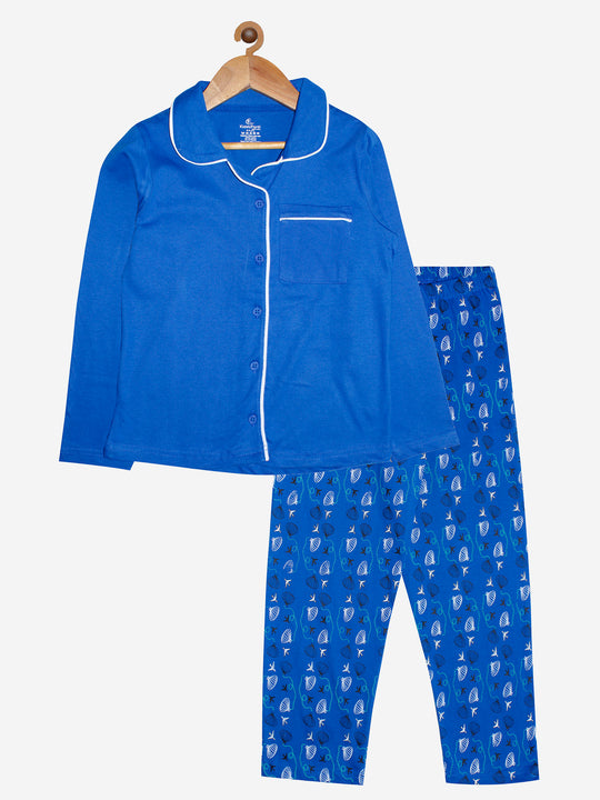 Girl's Printed Front Open Shirt & AOP Pyjama Set