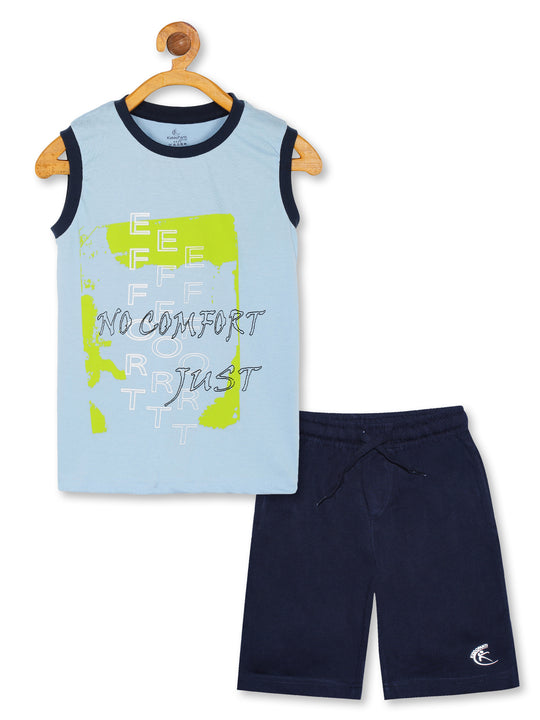 Boy's Printed Round Neck Sleeveless Tee & Knee length Basic Short Set