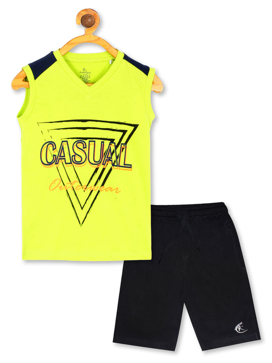 Boys Printed V Neck Sleeveless Tee & Knee length Basic Short Set