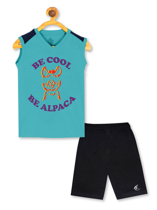 Boys Printed V Neck Sleeveless Tee & Knee length Basic Short Set