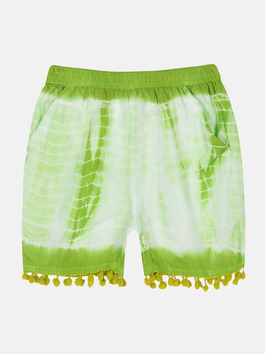 Girls Pom Pom Lace Hem Tie & Dye Shorts