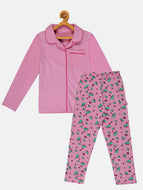 Girls Front Open Shirt & AOP Pyjama Set - Lt Pink / 3-4Y