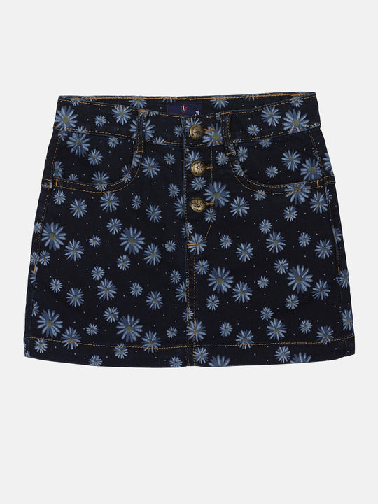 Girls Flower Printed Denim Skirt