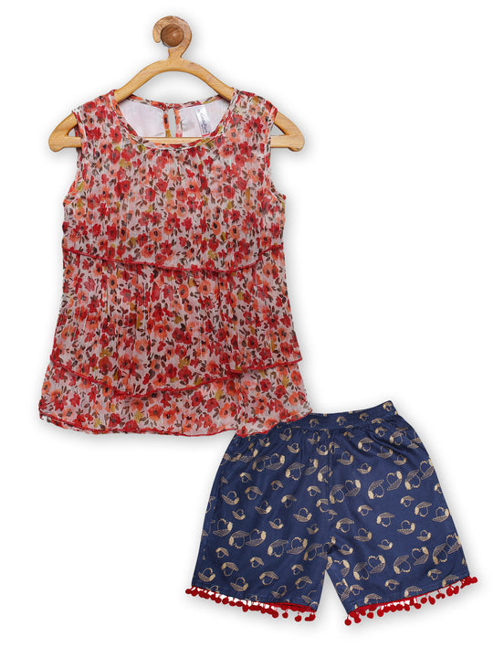 Girls Flower AOP Print Sleeveless Layered Top & AOP Print Shorts Set