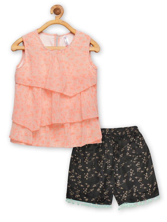 Girls Flower AOP Print Sleeveless Layered Top & AOP Print Shorts Set